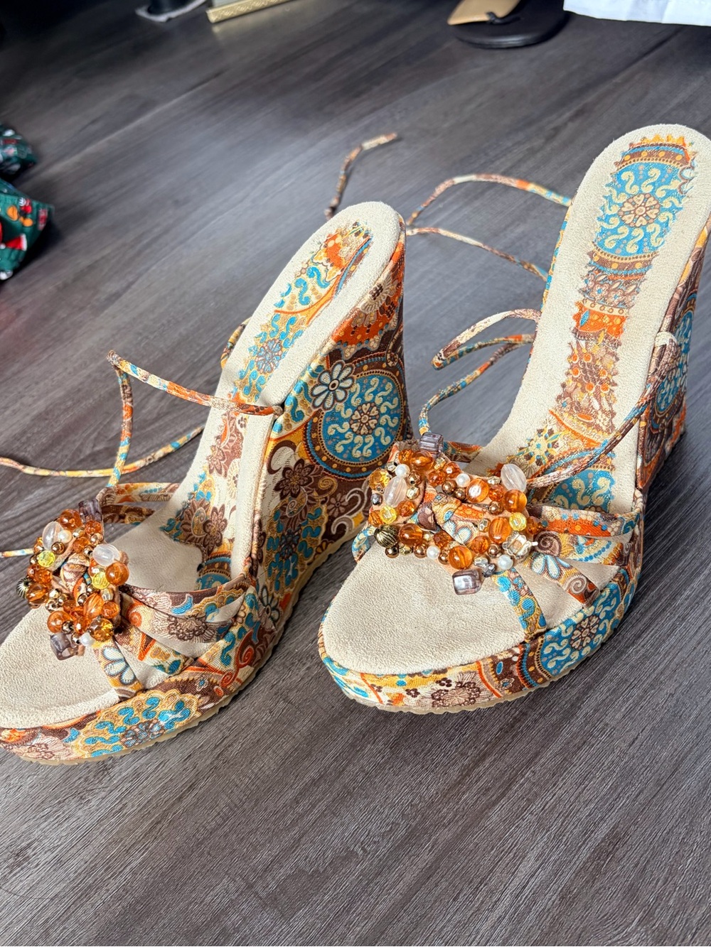 Vintage Beaded Paisley Platform Wedge Sandals - Orange/Teal